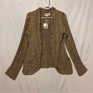 Valenti Knit Open Cardigan Boho Fringe Earth Tone Crochet Sweater L